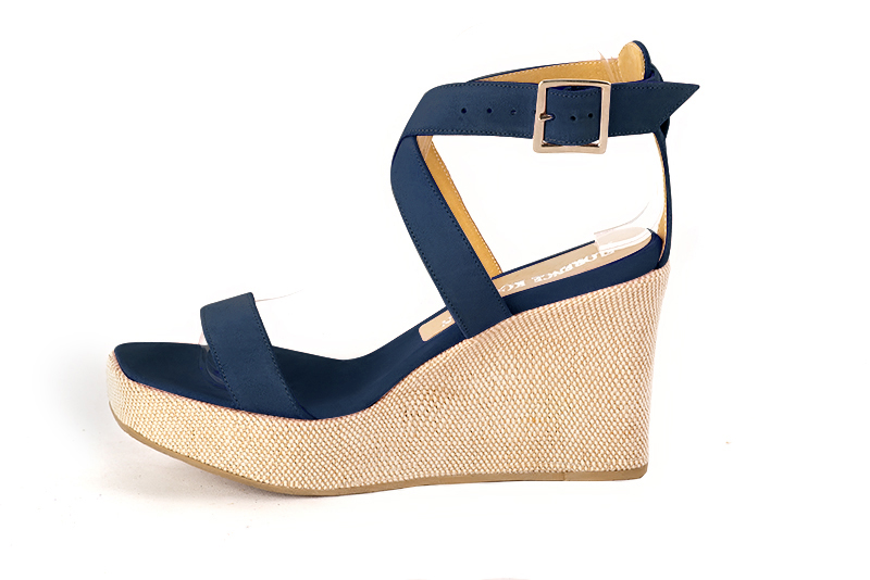 Navy blue women's fully open sandals, with crossed straps.. Profile view - Florence KOOIJMAN